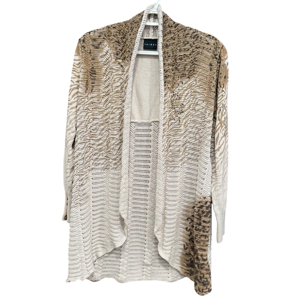 Tribal Women's Open Front Knit Cardigan Sweater Animal Print Beige‎ Large